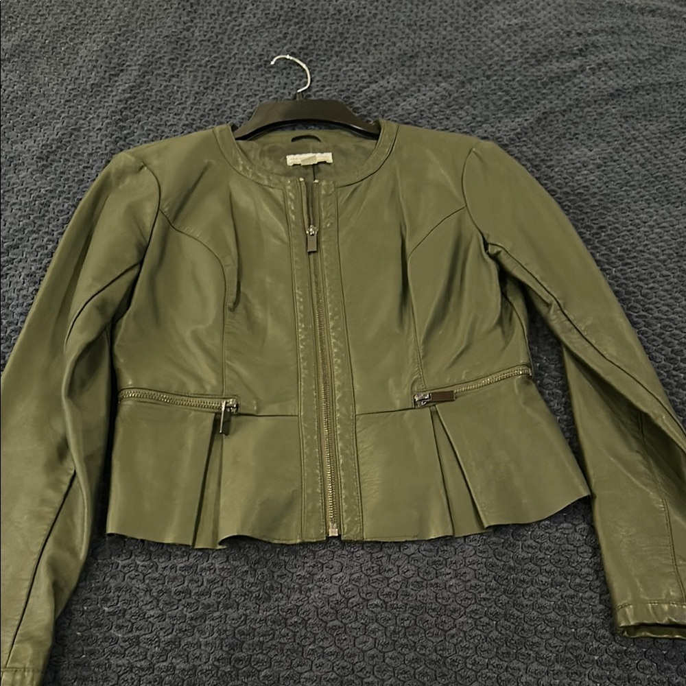 Green Leather Peplum Jacket with Zipper